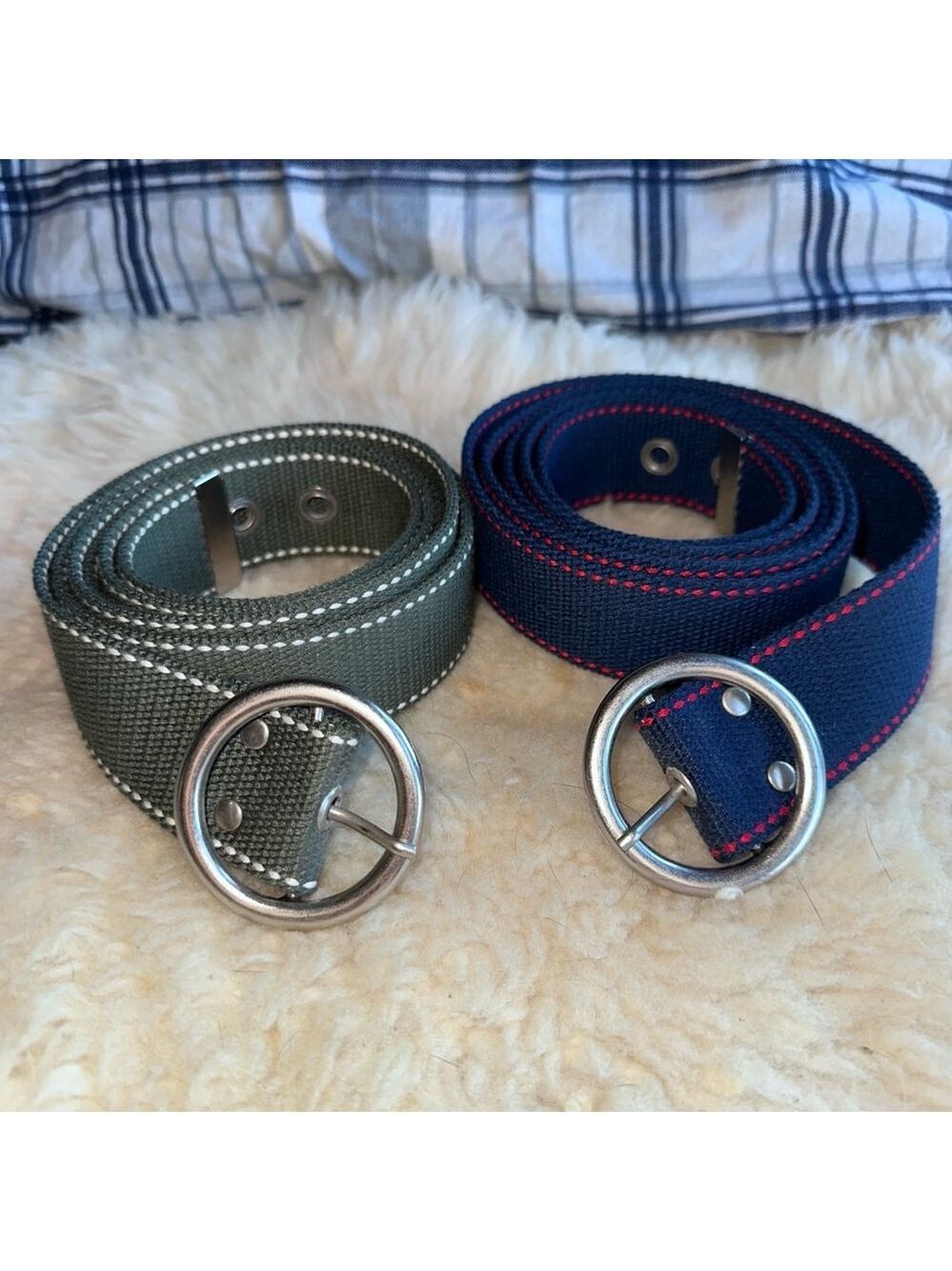 NWOT Unbranded Canvas Belt Round Buckle Navy Blue & Green Bundle 59”